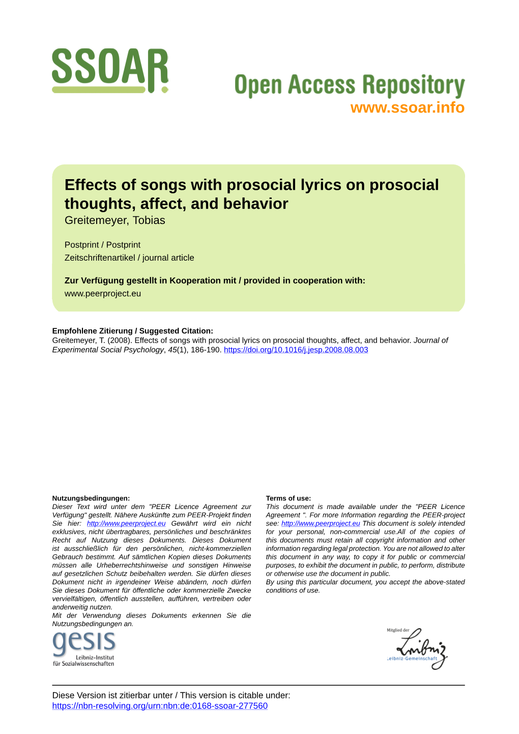 Effects of Songs with Prosocial Lyrics on Prosocial Thoughts, Affect, and Behavior Greitemeyer, Tobias