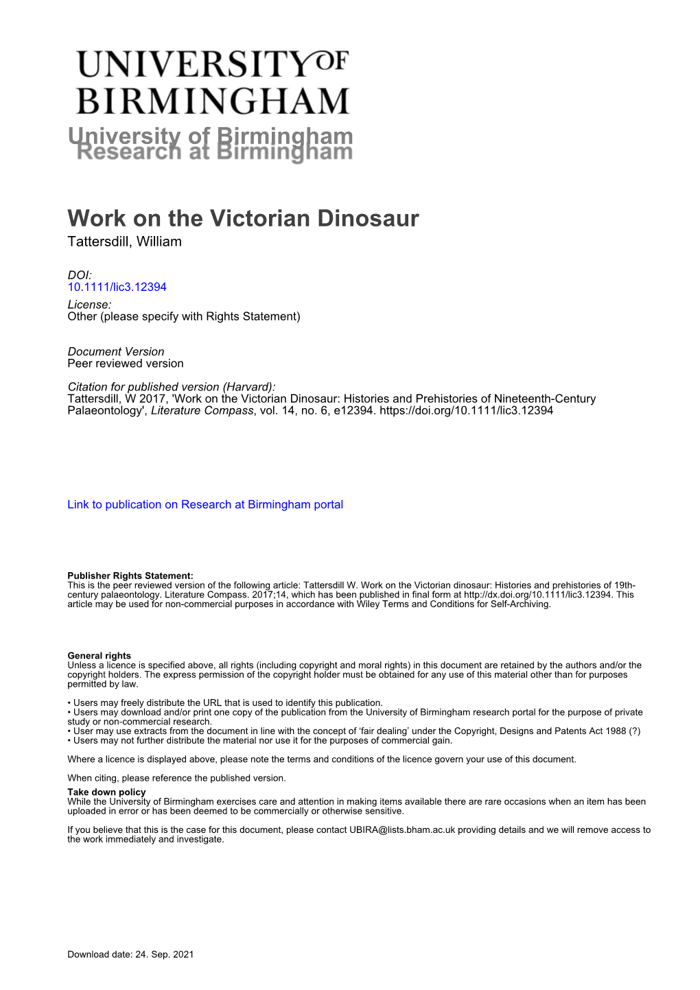 University of Birmingham Work on the Victorian Dinosaur