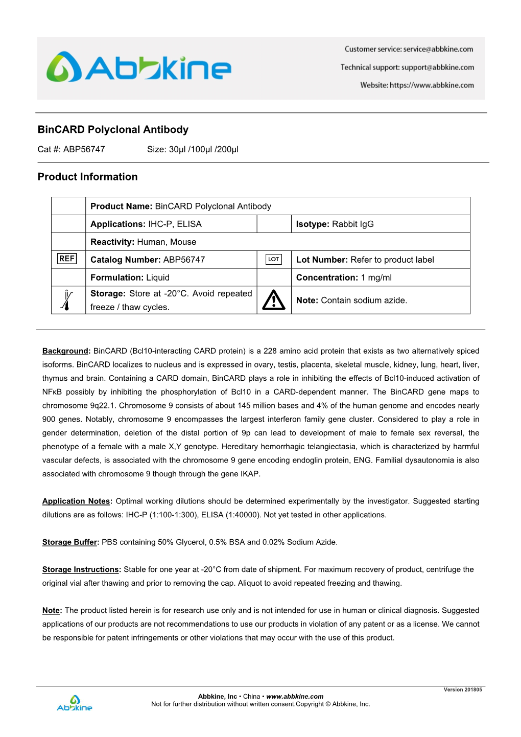 Bincard Polyclonal Antibody Product Information
