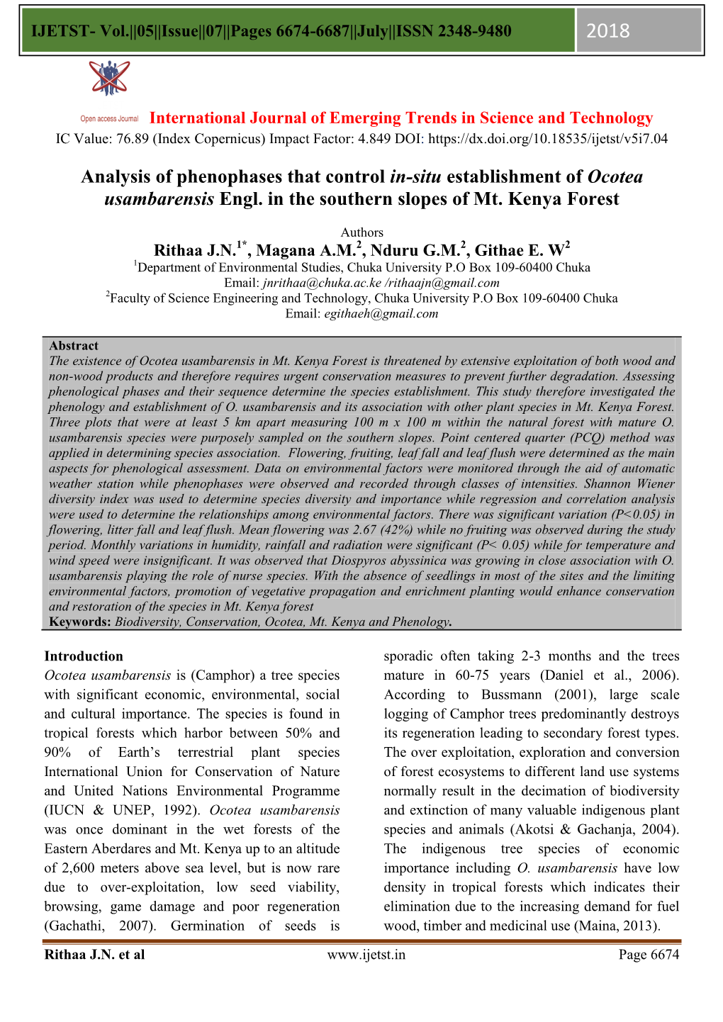 Analysis of Phenophases That Control In-Situ Establishment of Ocotea Usambarensis Engl