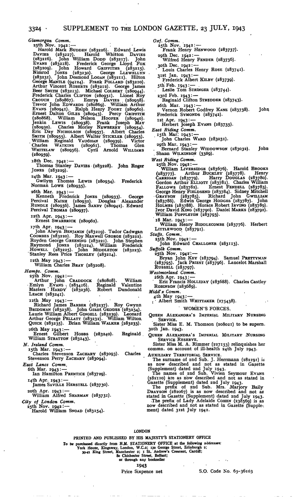 3324 Supplement to the London Gazette, 23 July, 1943