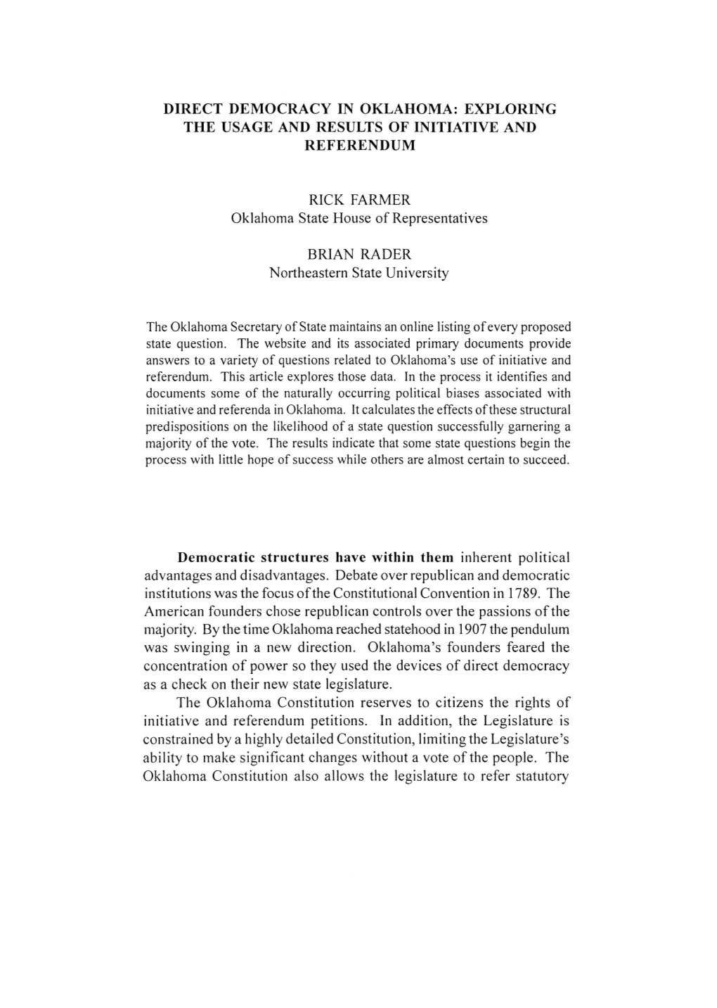 Direct Democracy in Oklahoma: Exploring the Usage and Results of Initiative and Referendum