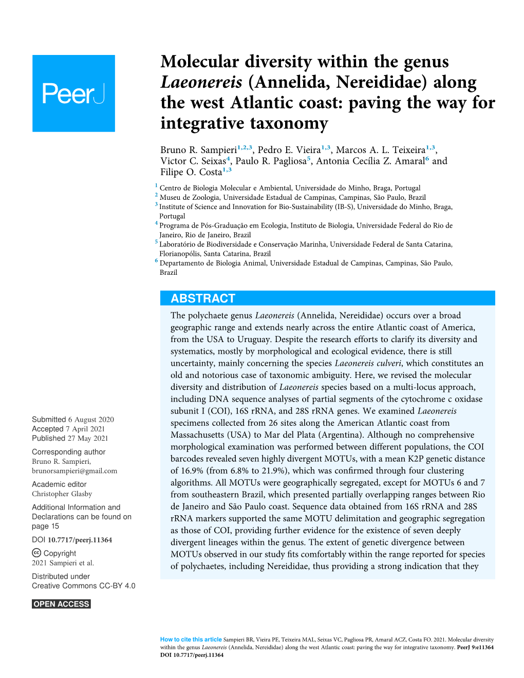 Annelida, Nereididae) Along the West Atlantic Coast: Paving the Way for Integrative Taxonomy