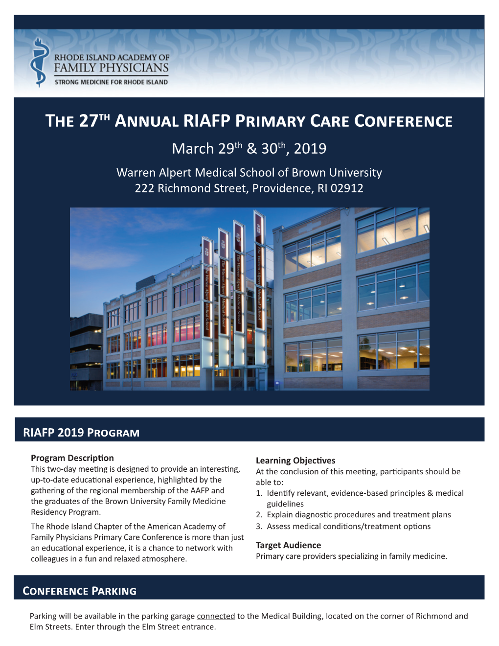The 27Th Annual RIAFP Primary Care Conference March 29Th & 30Th, 2019 Warren Alpert Medical School of Brown University 222 Richmond Street, Providence, RI 02912
