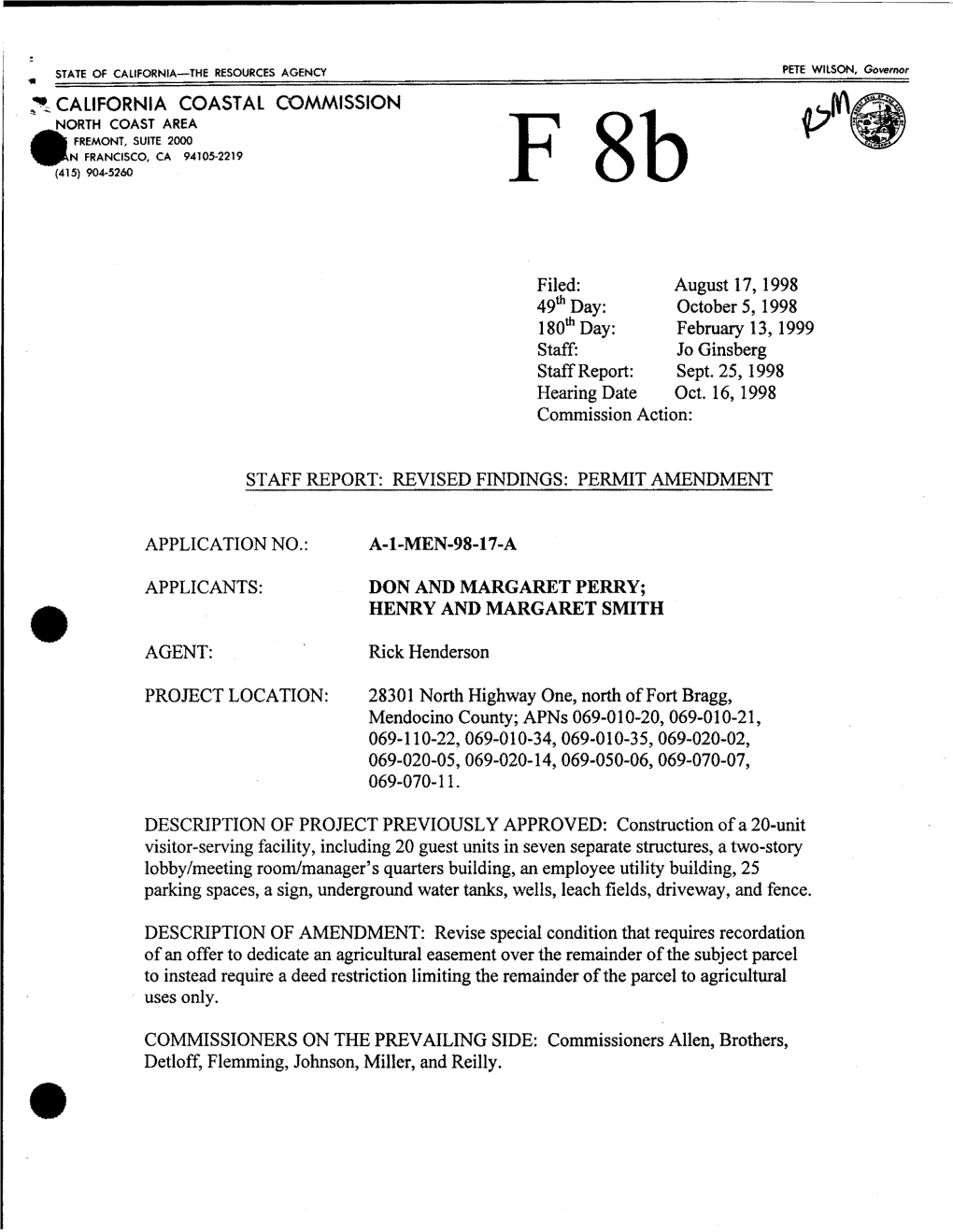 Tt, CALIFORNIA COASTAL COMMISSION Filed: August 17, 1998 49Th Day: October 5, 1998 180Th Day: February 13, 1999 Staff: Jo Gins