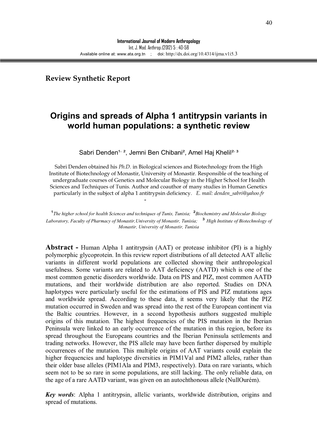 Origins and Spreads of Alpha 1 Antitrypsin Variants in World Human Populations: a Synthetic Review