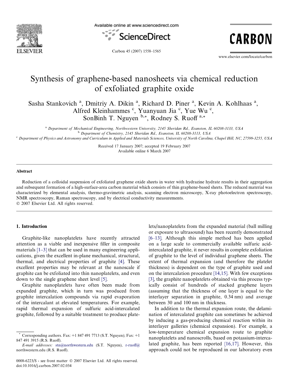 Synthesis of Graphene-Based Nanosheets Via Chemical Reduction of Exfoliated Graphite Oxide