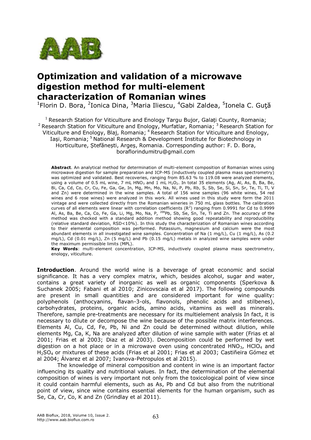 Optimization and Validation of a Microwave Digestion Method for Multi-Element Characterization of Romanian Wines 1Florin D