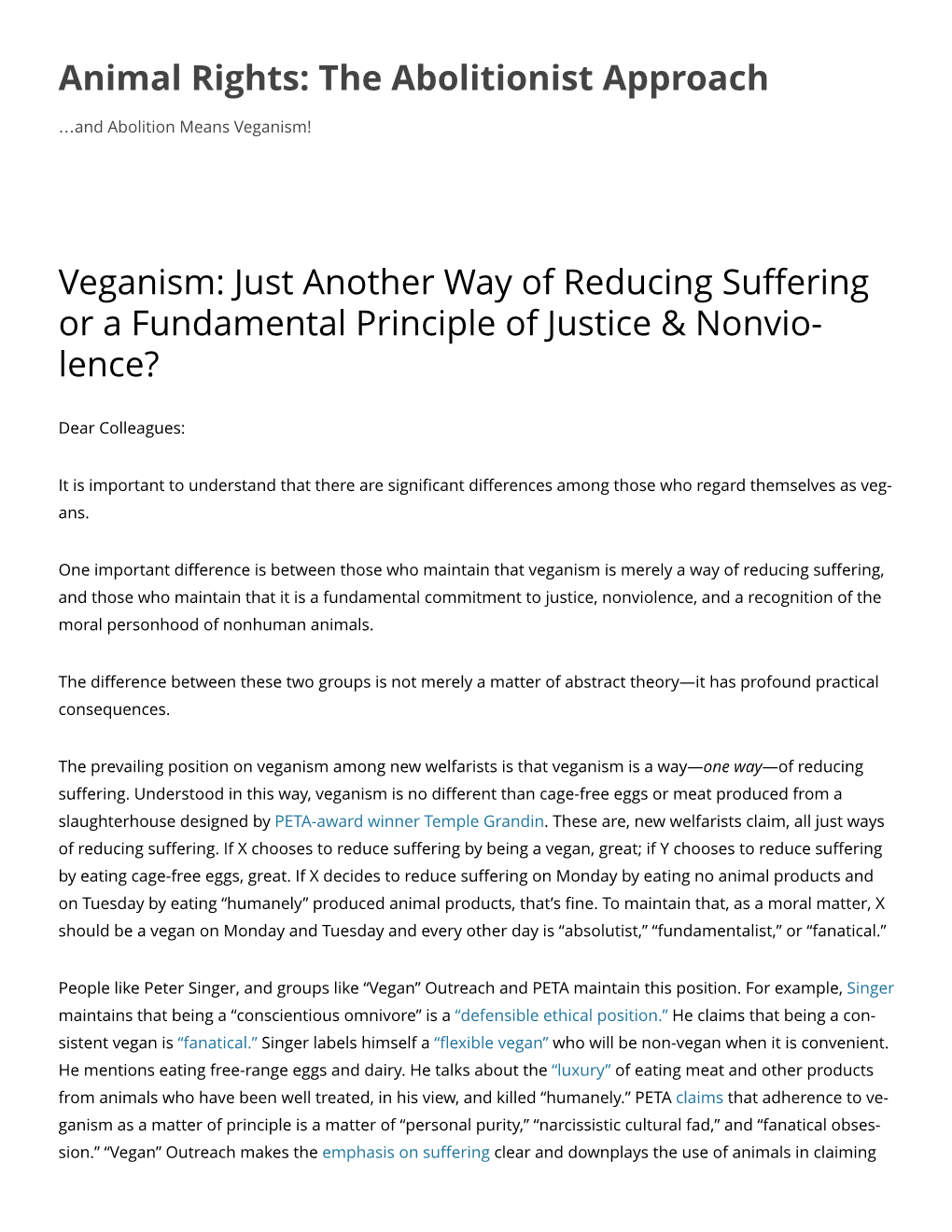 Animal Rights: the Abolitionist Approach Veganism: Just Another