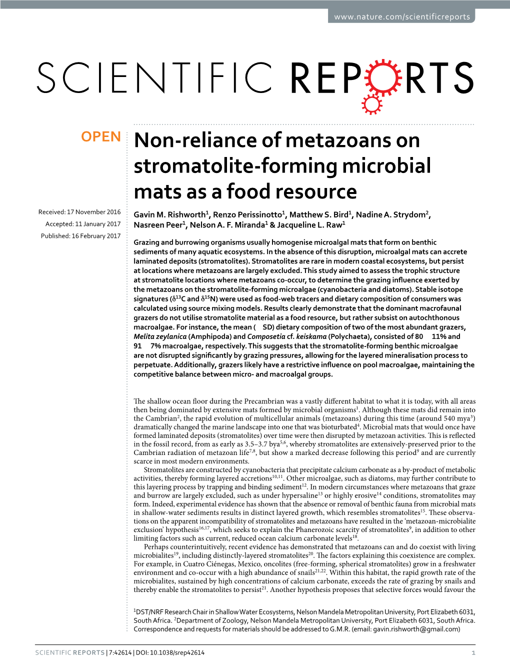 Non-Reliance of Metazoans on Stromatolite-Forming Microbial Mats As a Food Resource Received: 17 November 2016 Gavin M