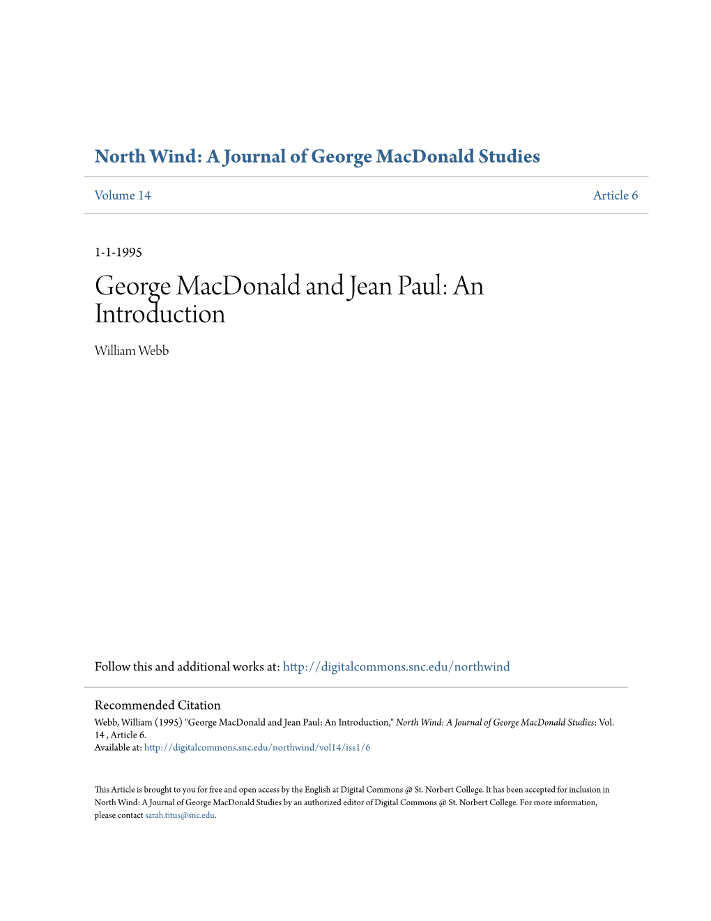 George Macdonald and Jean Paul: an Introduction William Webb