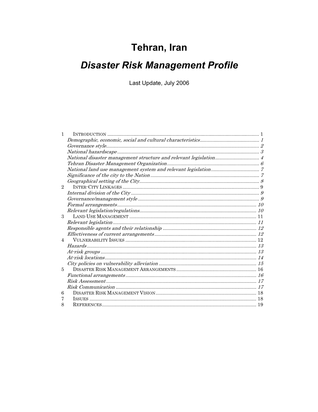 Tehran, Iran Disaster Risk Management Profile