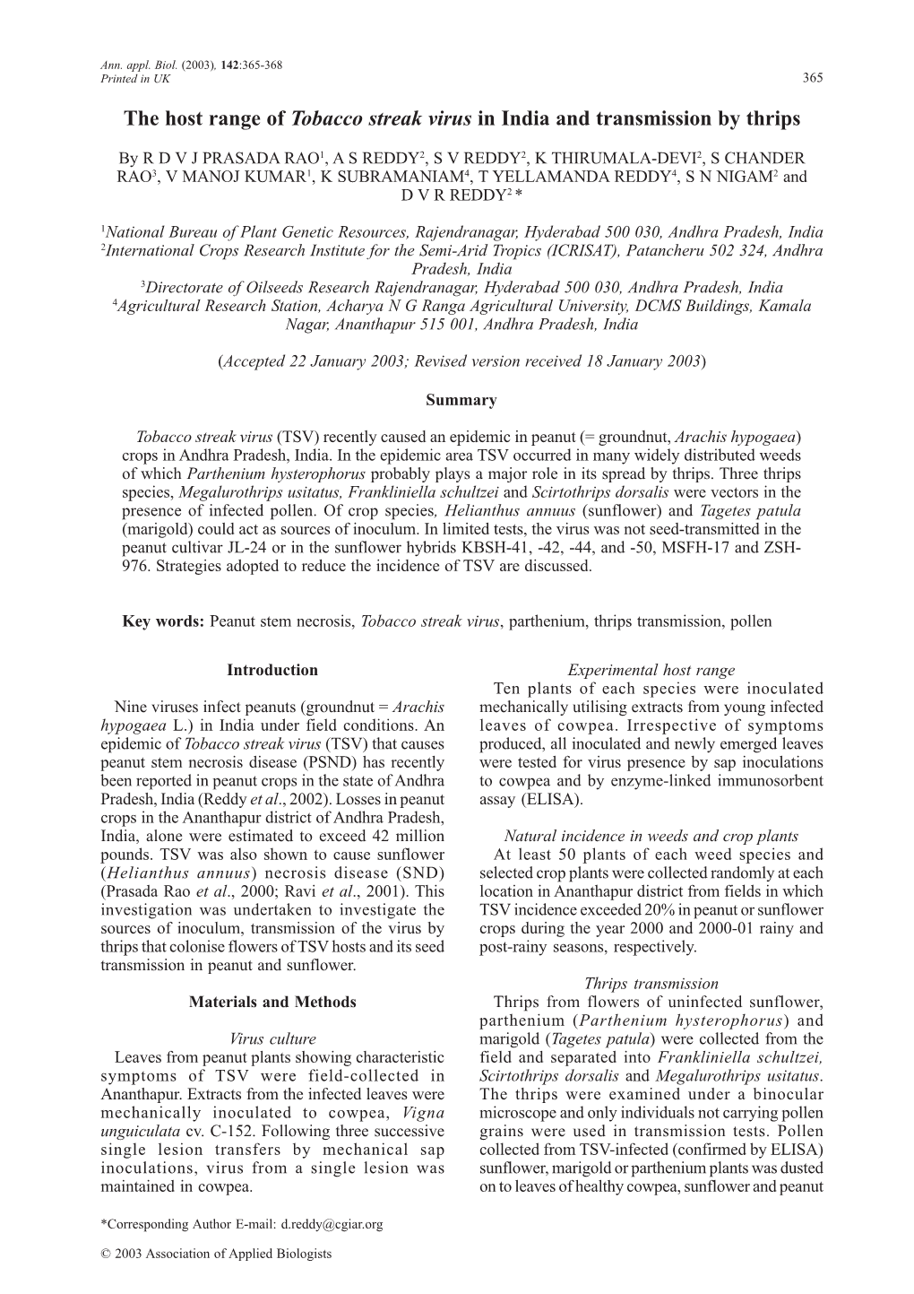 The Host Range of Tobacco Streak Virus in India and Transmission by Thrips