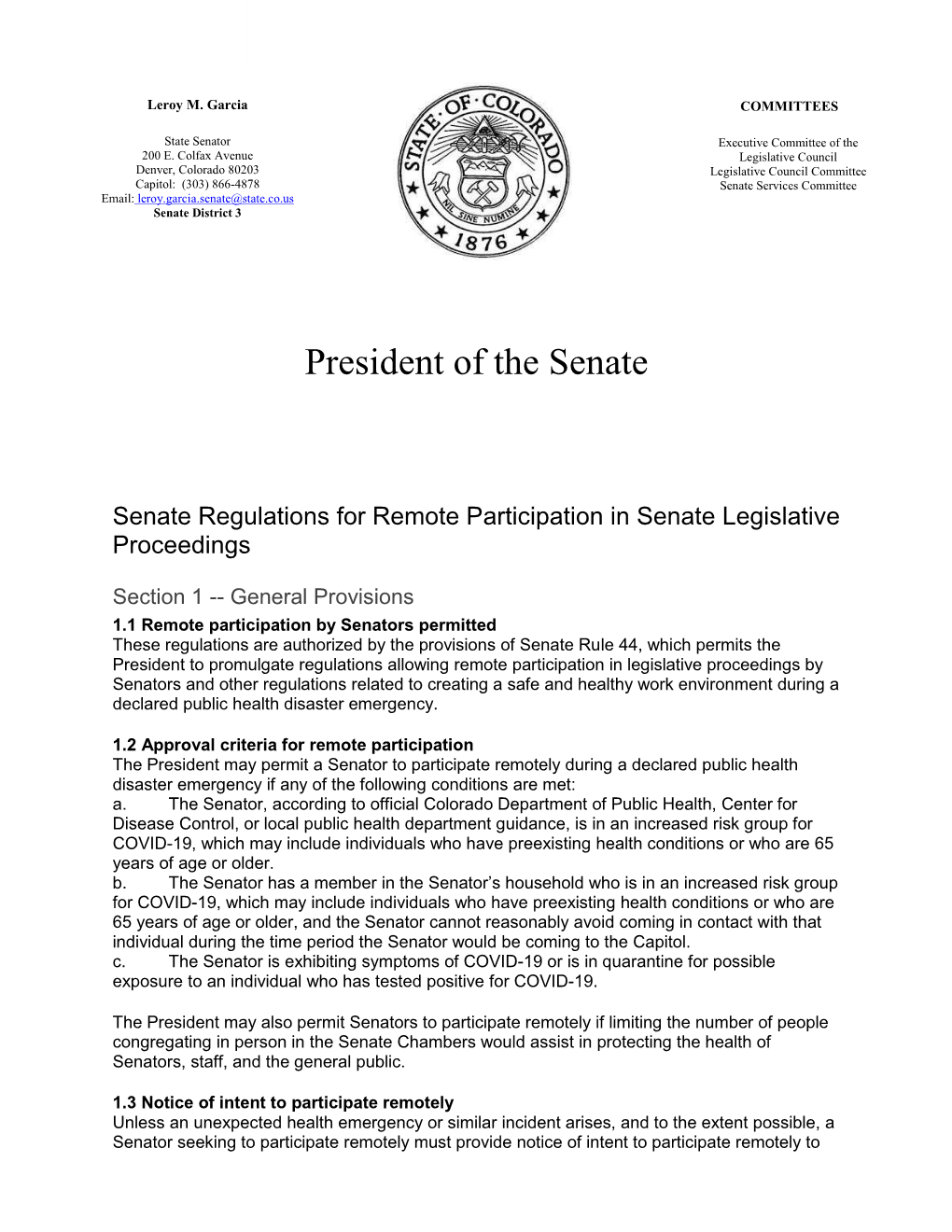 Senate Regulations for Remote Participation in Senate Legislative Proceedings