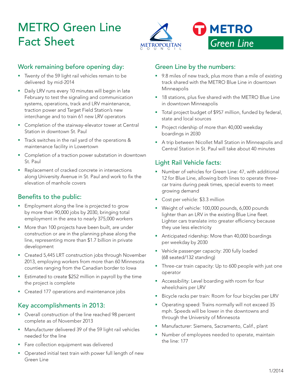 METRO Green Line Fact Sheet