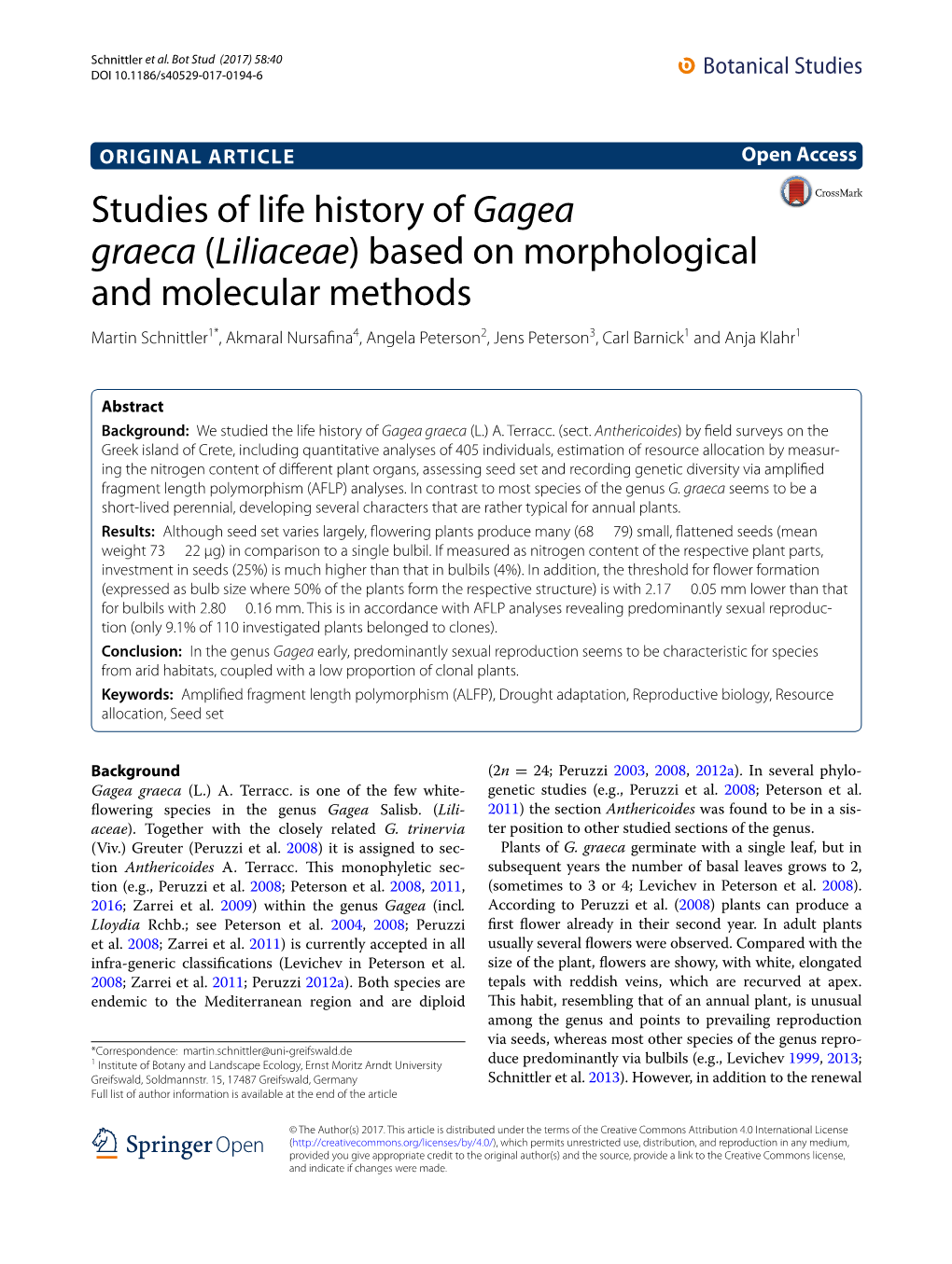Studies of Life History of Gagea Graeca (Liliaceae) Based on Morphological