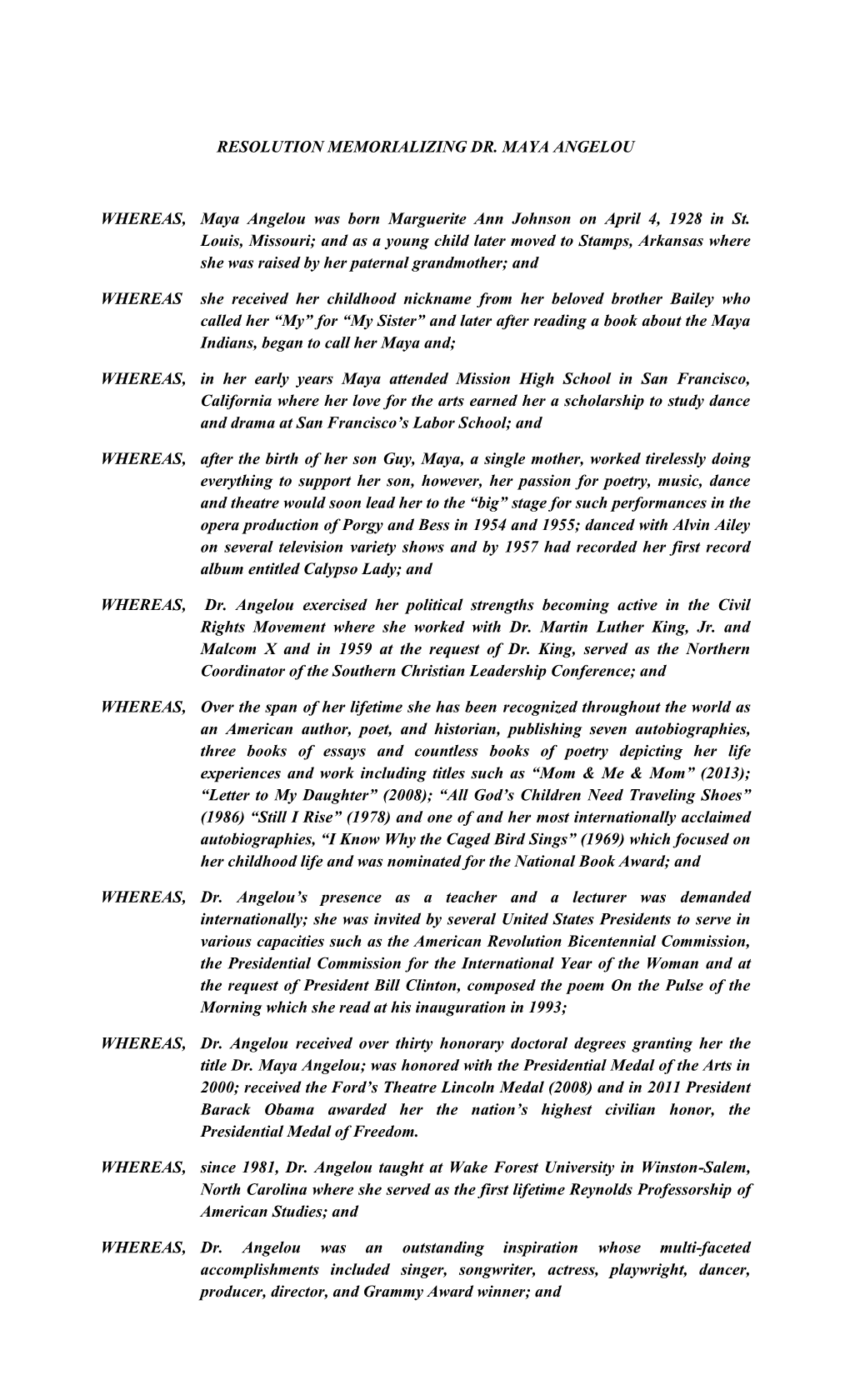 Resolution Memorializing Dr. Maya Angelou