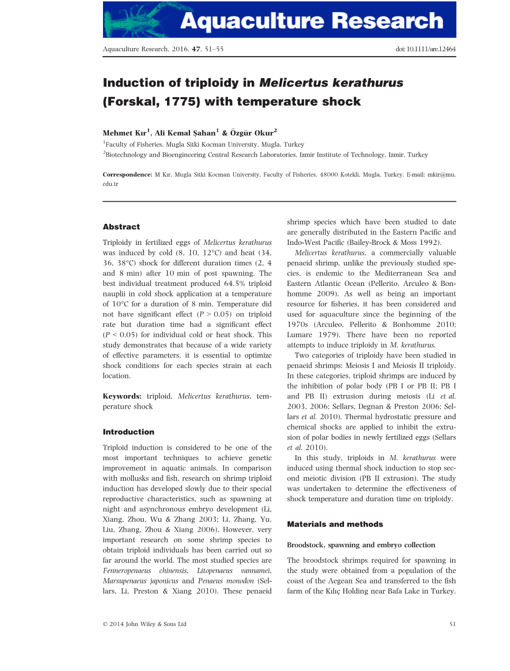 Induction of Triploidy in Melicertus Kerathurus (Forskal, 1775) with Temperature Shock