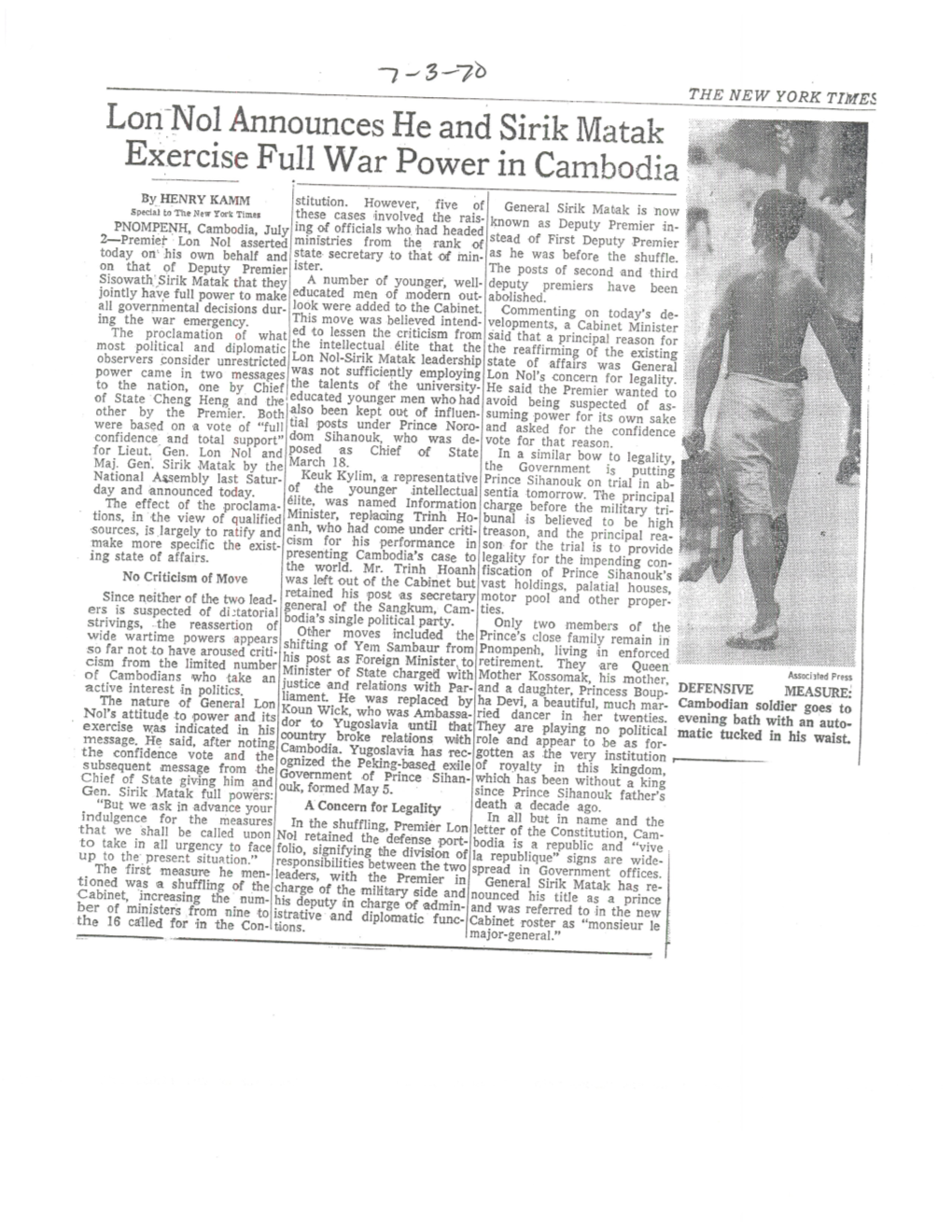 Lon-Nol Announces He and Sirik Matak Exercise Full War Power in Cambodia by HENRY KAMM Stitution