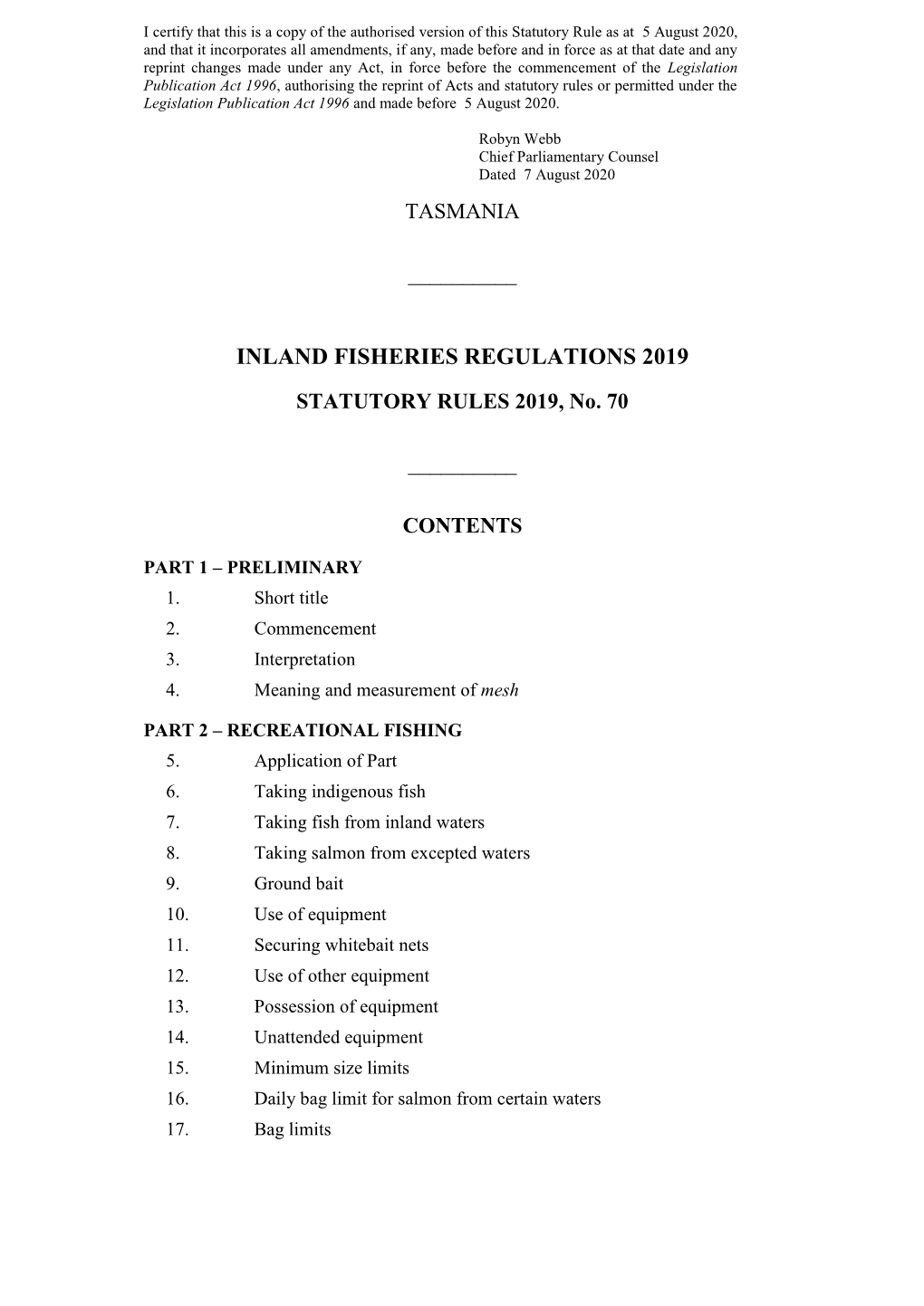 Inland Fisheries Regulations 2019