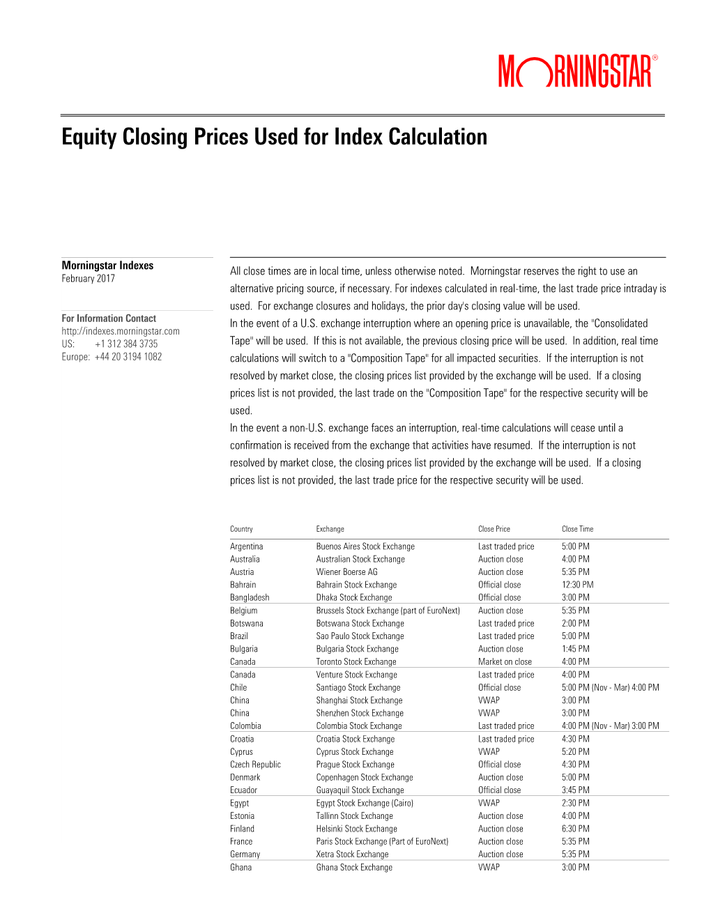 Equity Closing Prices Used for Index Calculation