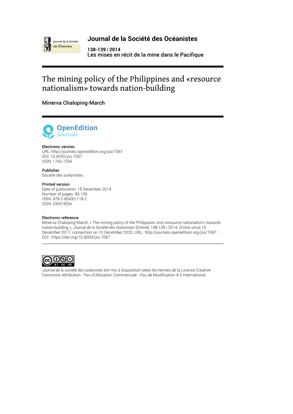The Mining Policy of the Philippines and «Resource Nationalism» Towards Nation-Building