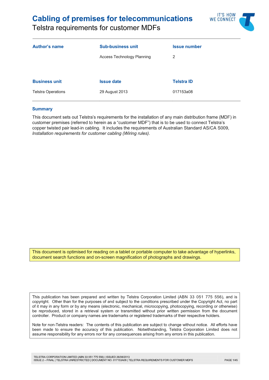 Cabling of Premises for Telecommunications