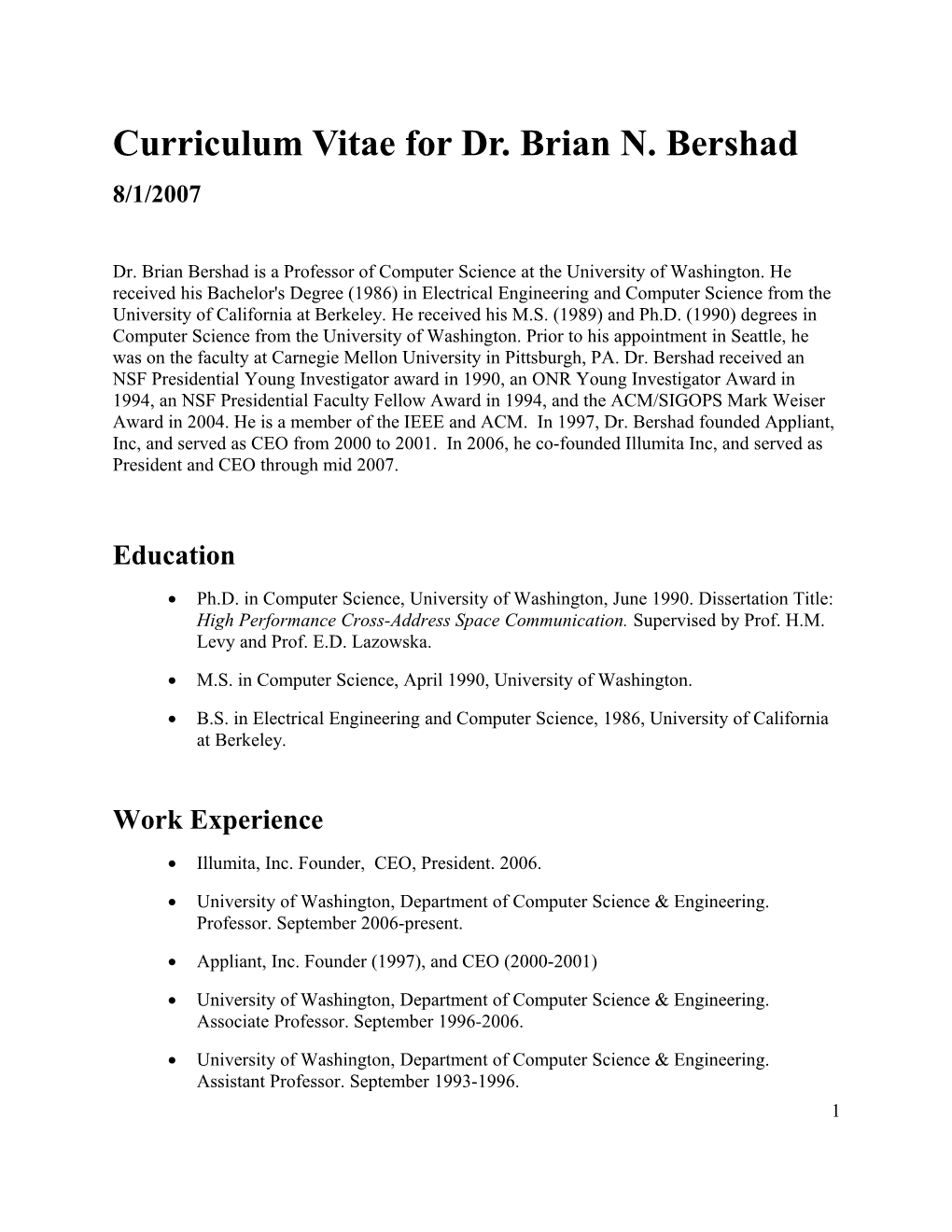 Curriculum Vitae for Dr. Brian N. Bershad