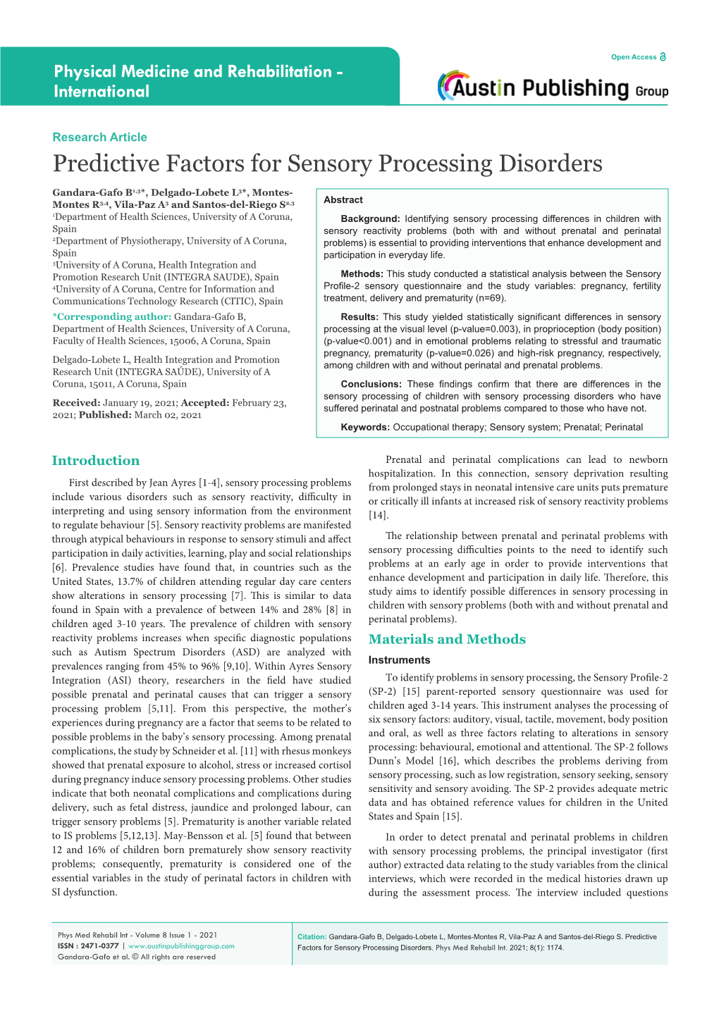 Predictive Factors for Sensory Processing Disorders