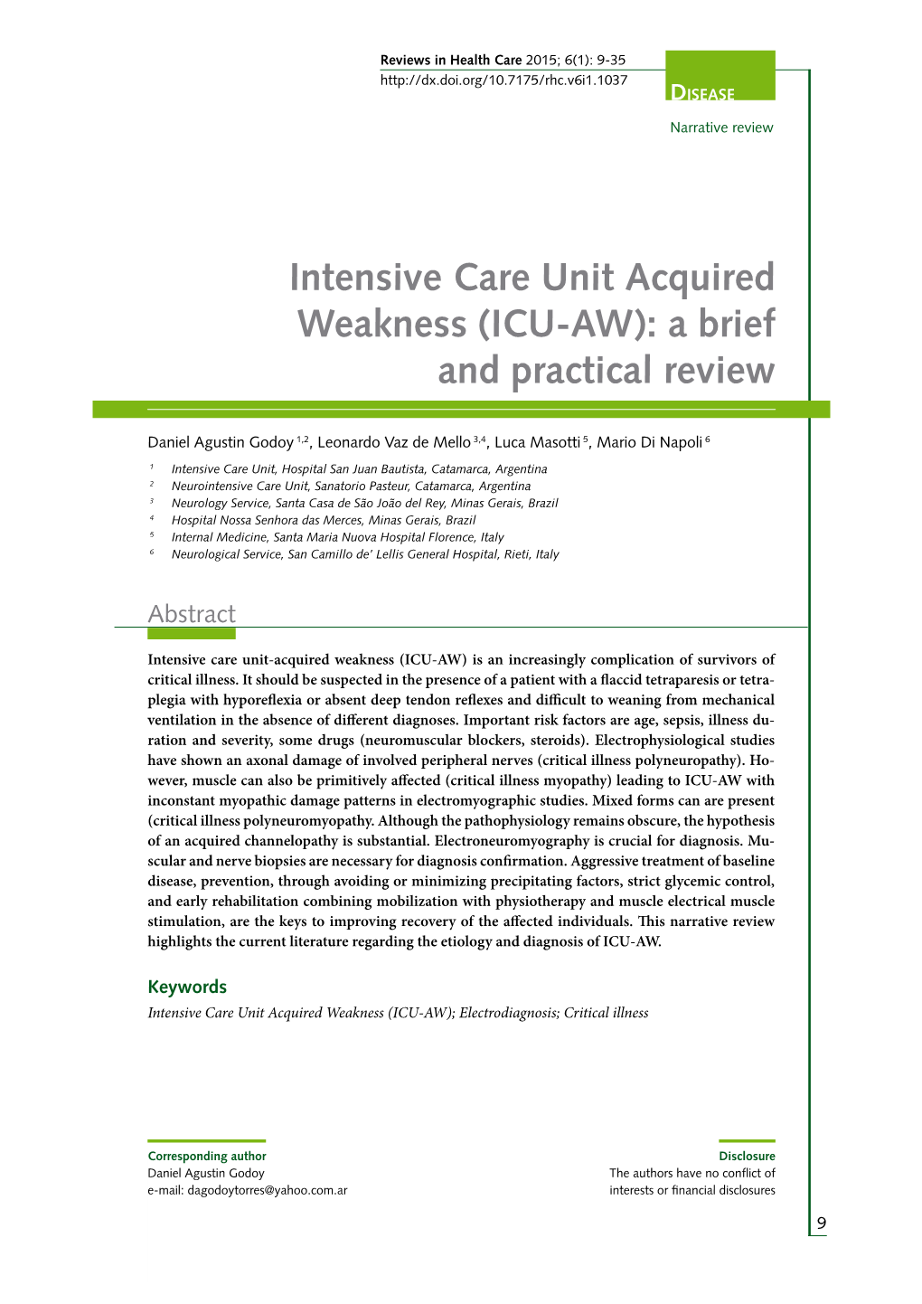 Intensive Care Unit Acquired Weakness (ICU‑AW): a Brief and Practical Review