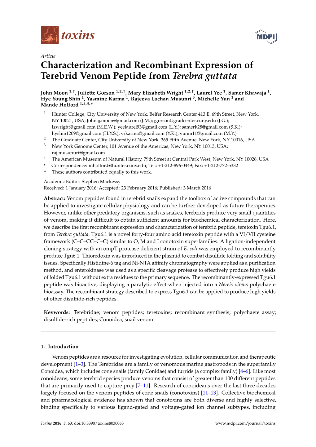 Characterization and Recombinant Expression of Terebrid Venom Peptide from Terebra Guttata