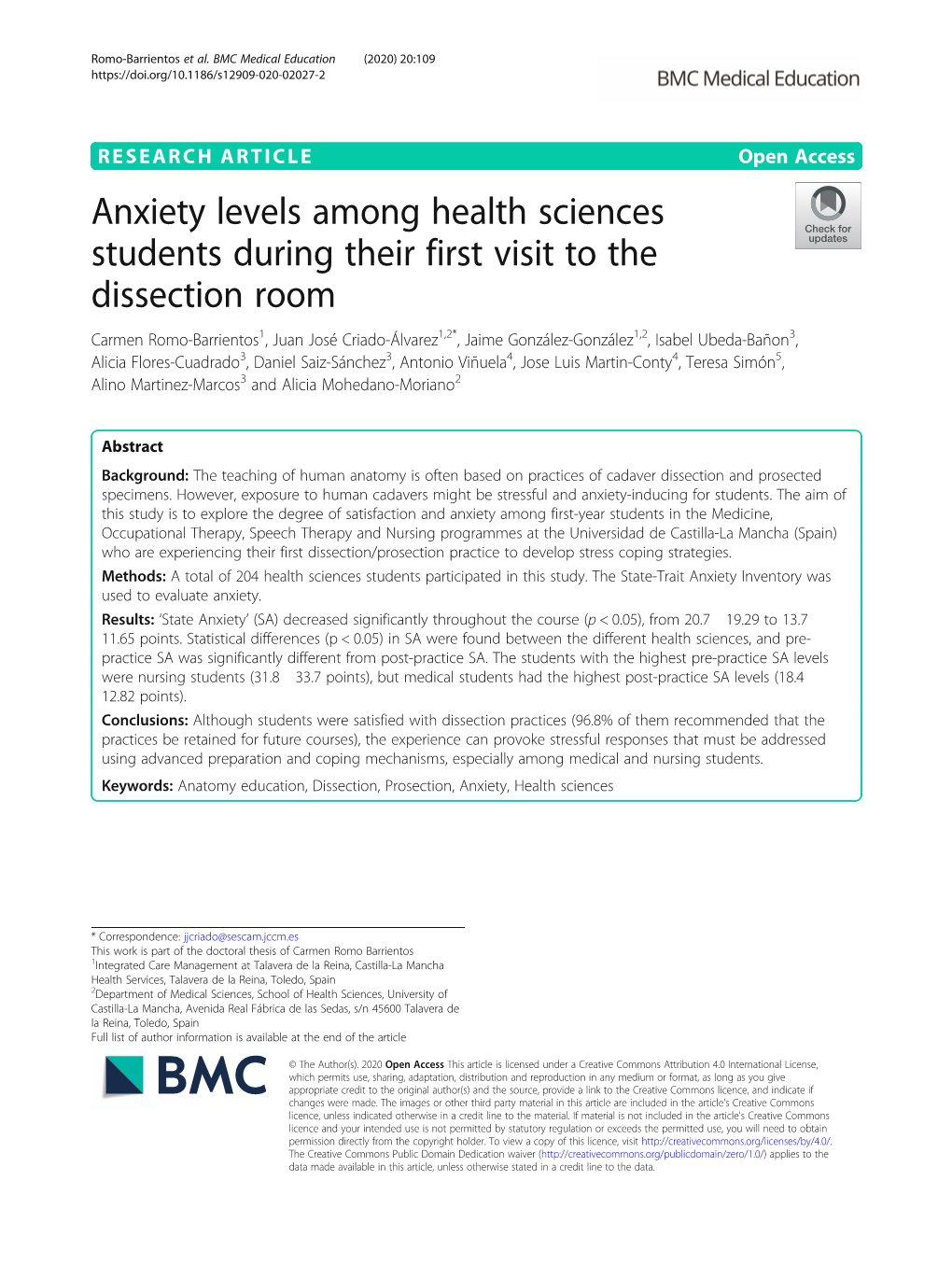 Anxiety Levels Among Health Sciences Students During Their First Visit to The