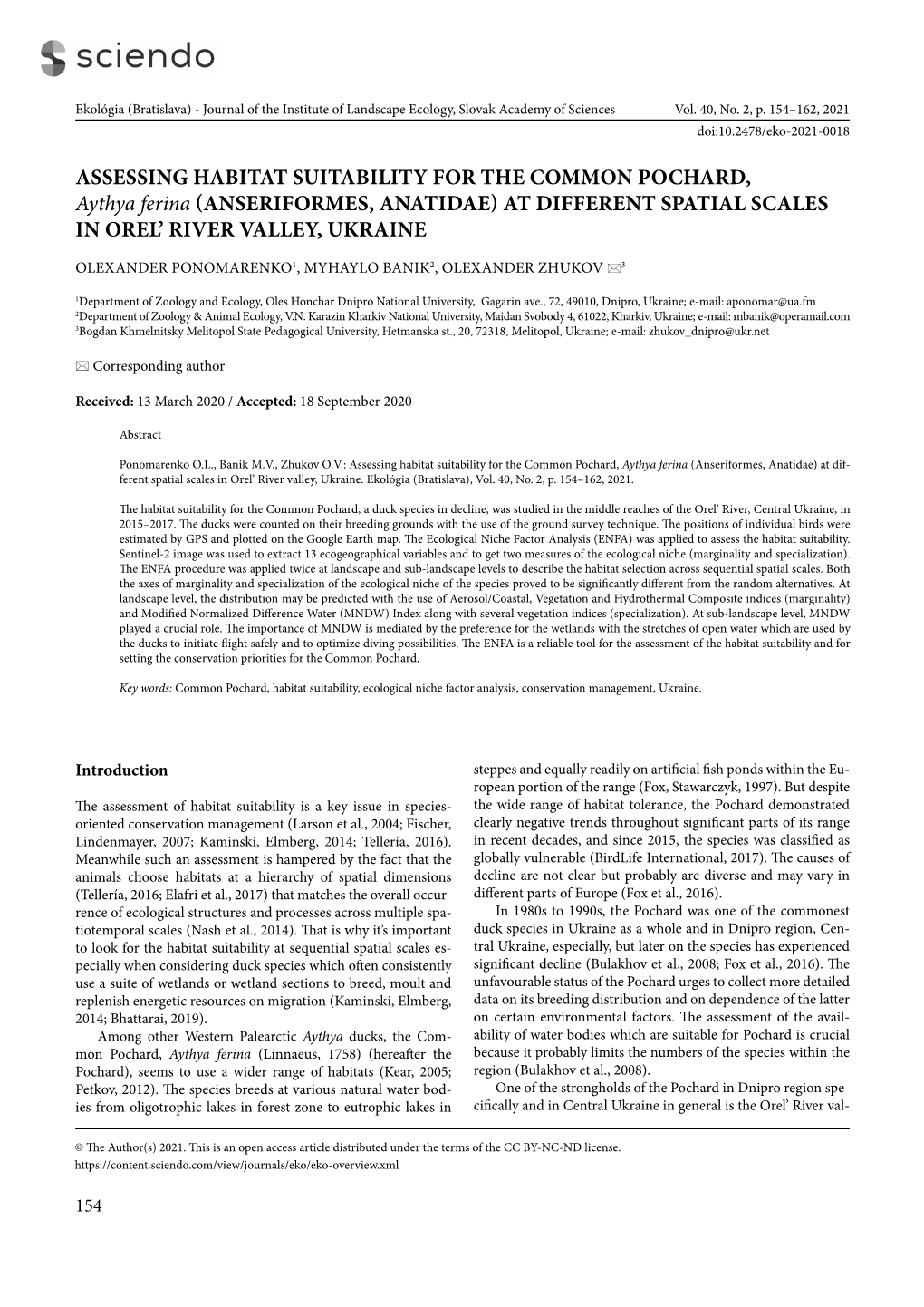 ASSESSING HABITAT SUITABILITY for the COMMON POCHARD, Aythya Ferina (ANSERIFORMES, ANATIDAE) at DIFFERENT SPATIAL SCALES in OREL’ RIVER VALLEY, UKRAINE