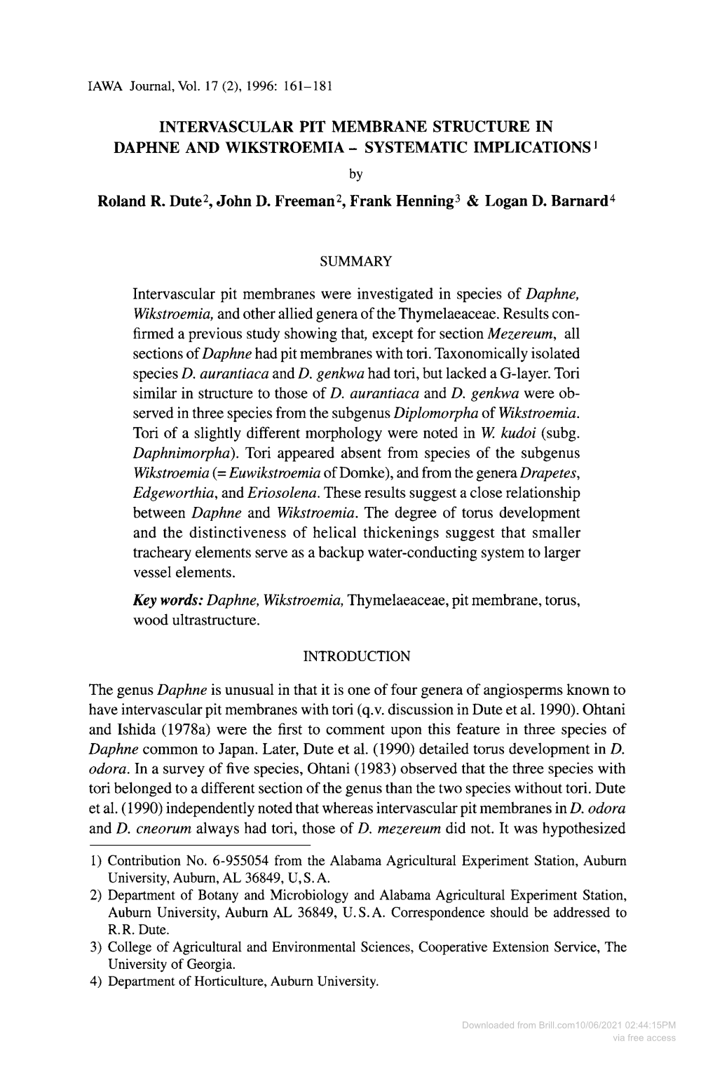 INTERVASCULAR PIT MEMBRANE STRUCTURE in DAPHNE and WIKSTROEMIA - SYSTEMATIC IMPLICATIONS 1 by Roland R