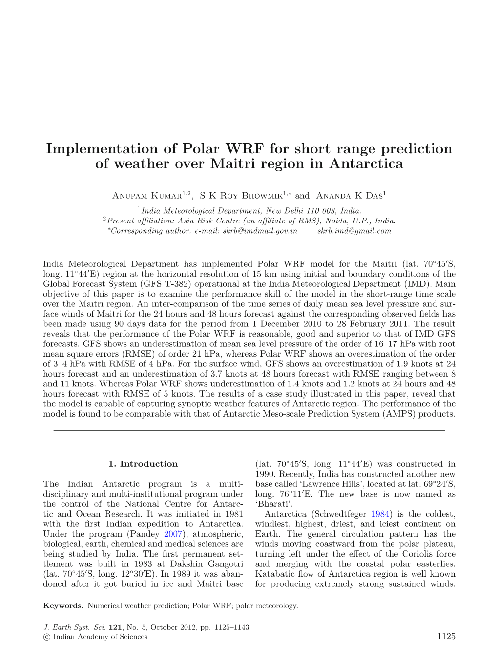 Implementation of Polar WRF for Short Range Prediction of Weather Over Maitri Region in Antarctica