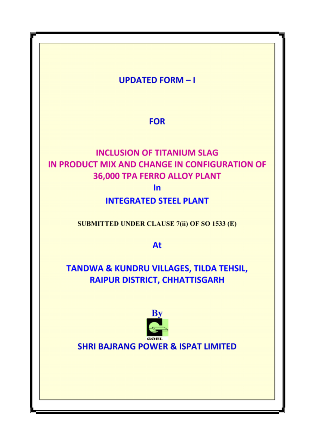 Updated Form – I for Inclusion of Titanium Slag in Product