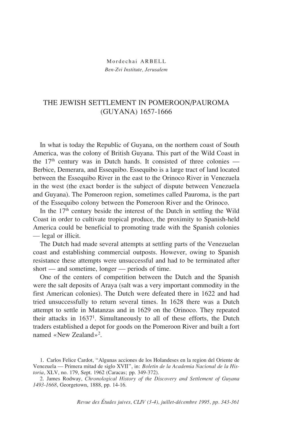 The Jewish Settlement in Pomeroon/Pauroma (Guyana) 1657-1666