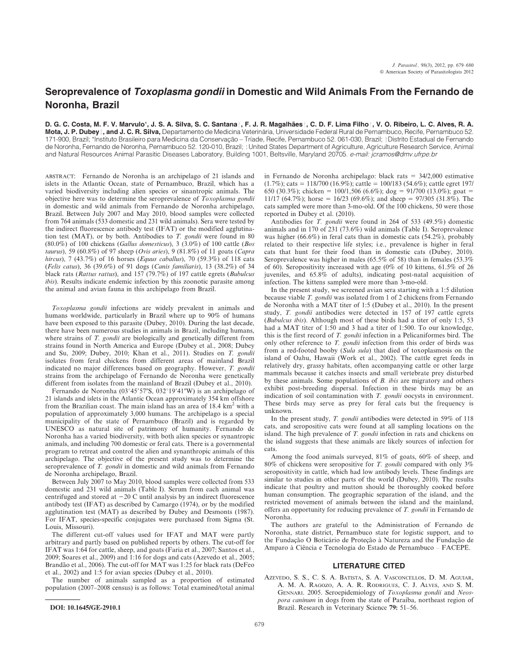 Seroprevalence of Toxoplasma Gondii in Domestic and Wild Animals from the Fernando De Noronha, Brazil