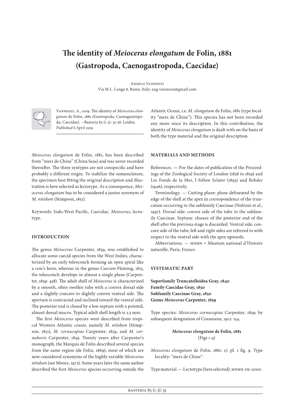 The Identity of Meioceras Elongatum De Folin, 1881