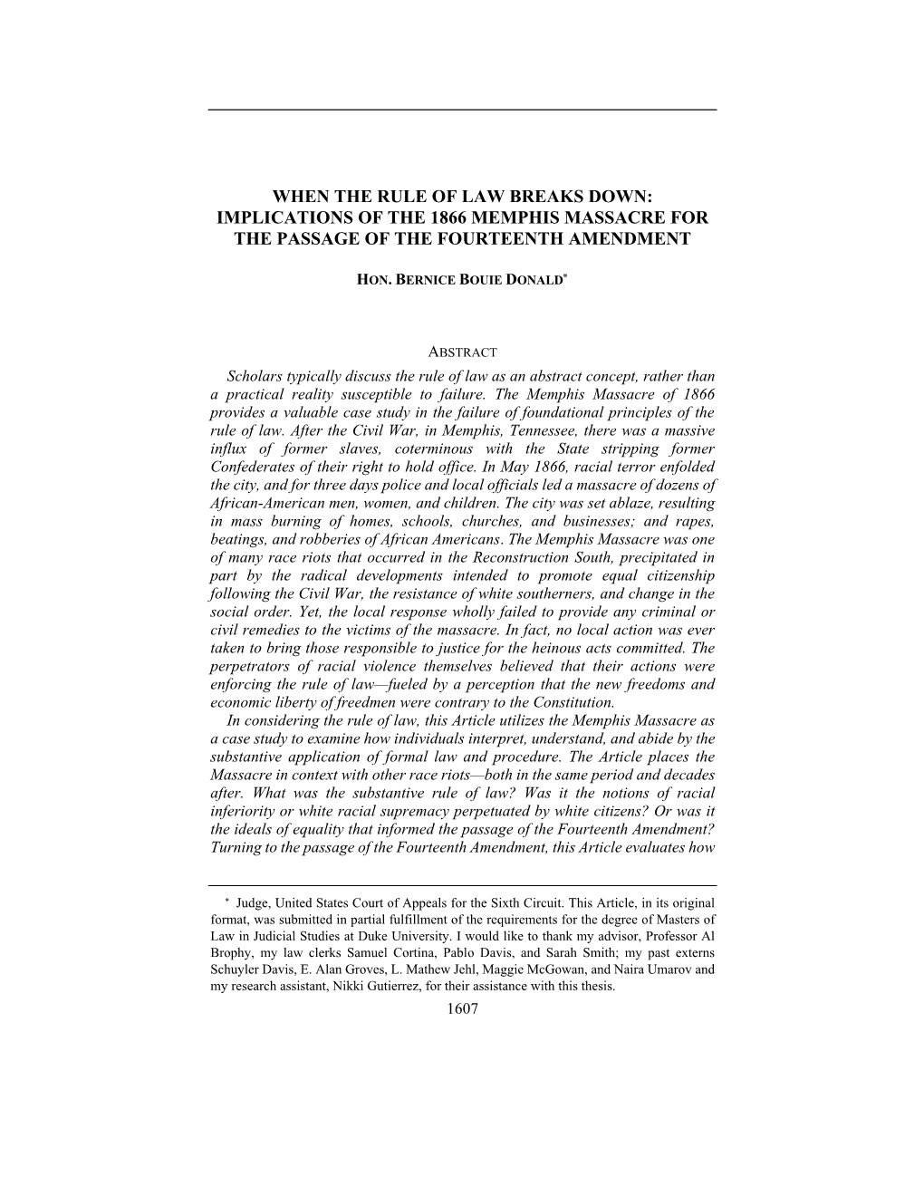 When the Rule of Law Breaks Down: Implications of the 1866 Memphis Massacre for the Passage of the Fourteenth Amendment