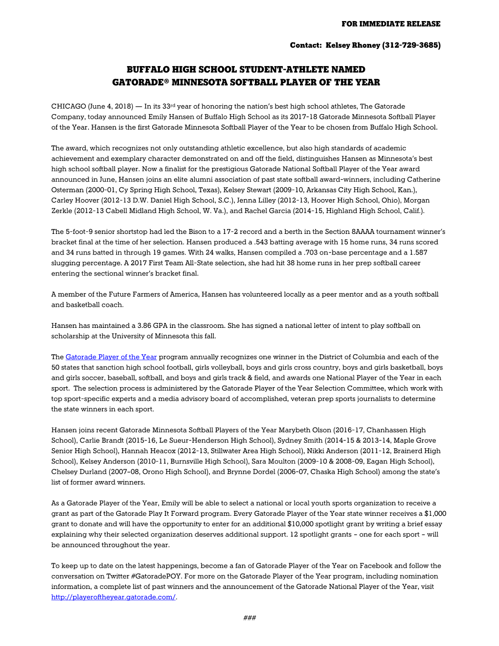 Buffalo High School Student-Athlete Named Gatorade® Minnesota Softball Player of the Year