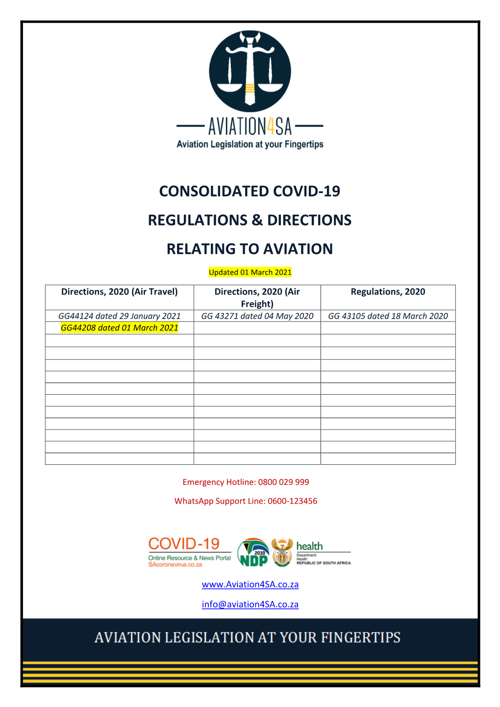Consolidated Aviation COVID-19 Regulations and Directions