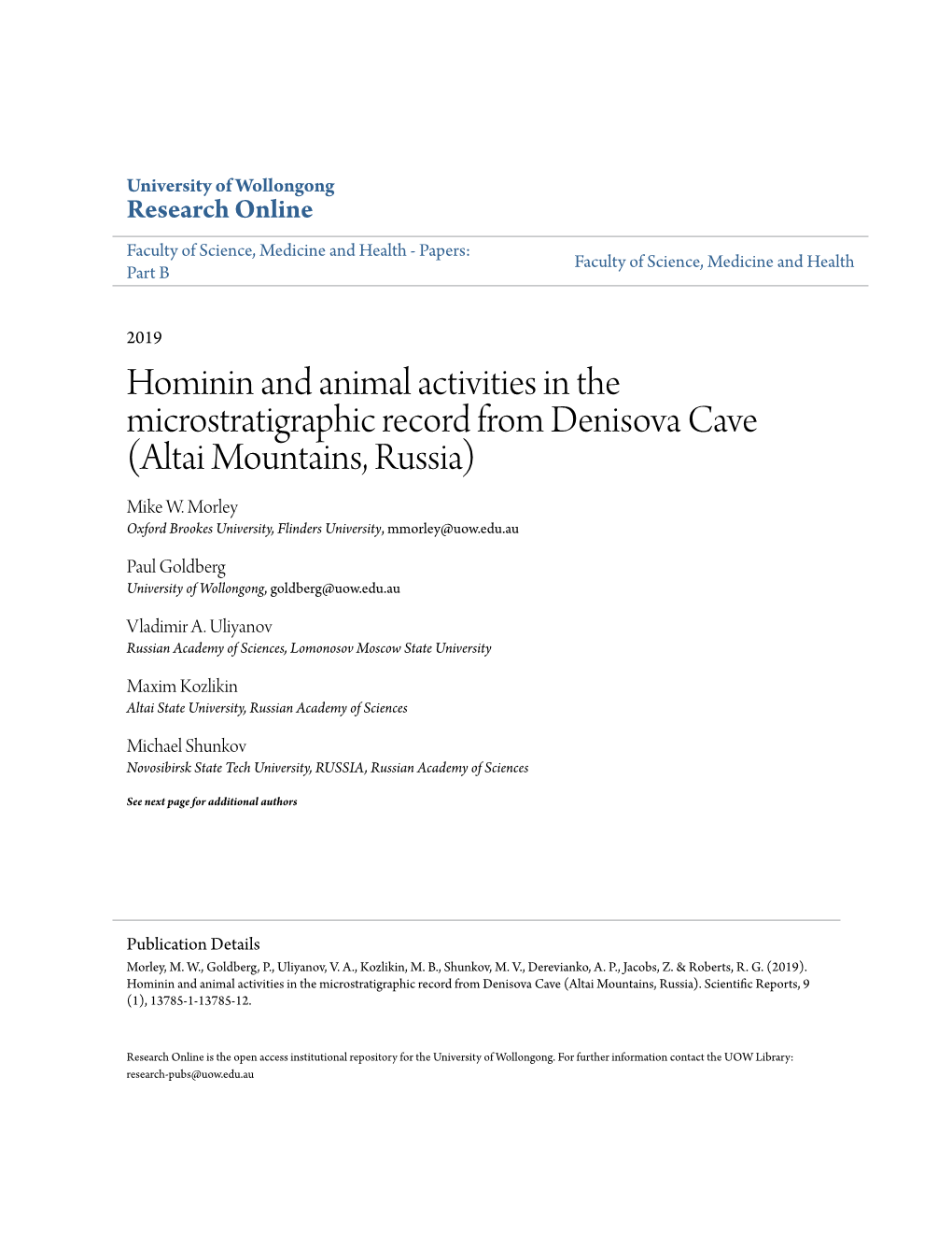 Hominin and Animal Activities in the Microstratigraphic Record from Denisova Cave (Altai Mountains, Russia) Mike W