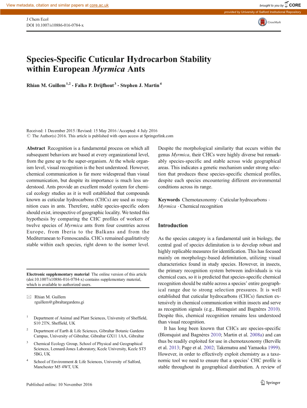 Species-Specific Cuticular Hydrocarbon Stability Within European Myrmica Ants