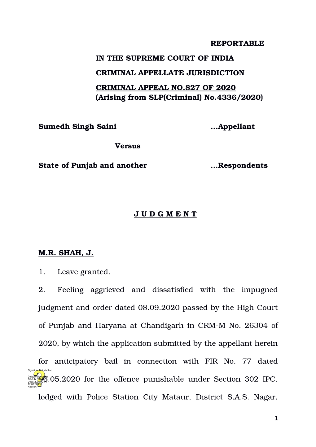 REPORTABLE in the SUPREME COURT of INDIA CRIMINAL APPELLATE JURISDICTION CRIMINAL APPEAL NO.827 of 2020 (Arising from SLP(Criminal) No.4336/2020)