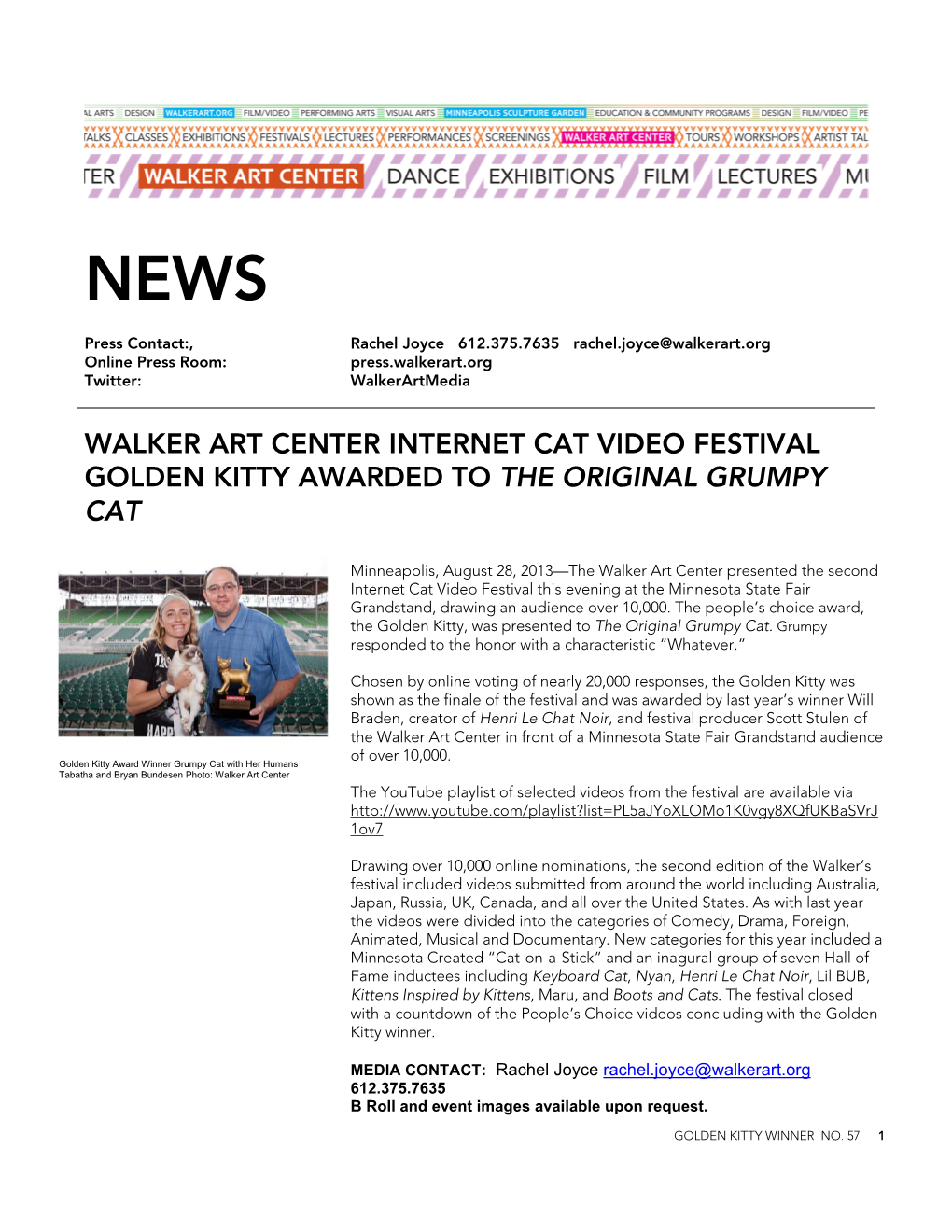 Walker Art Center Internet Cat Video Festival Golden Kitty Awarded to the Original Grumpy Cat