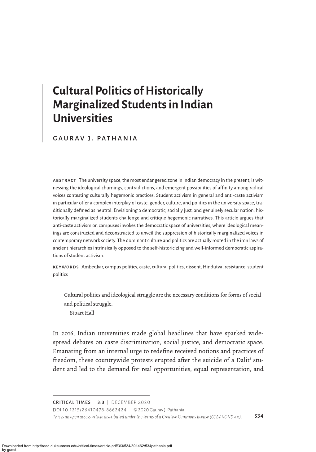 Cultural Politics of Historically Marginalized Students in in Dian