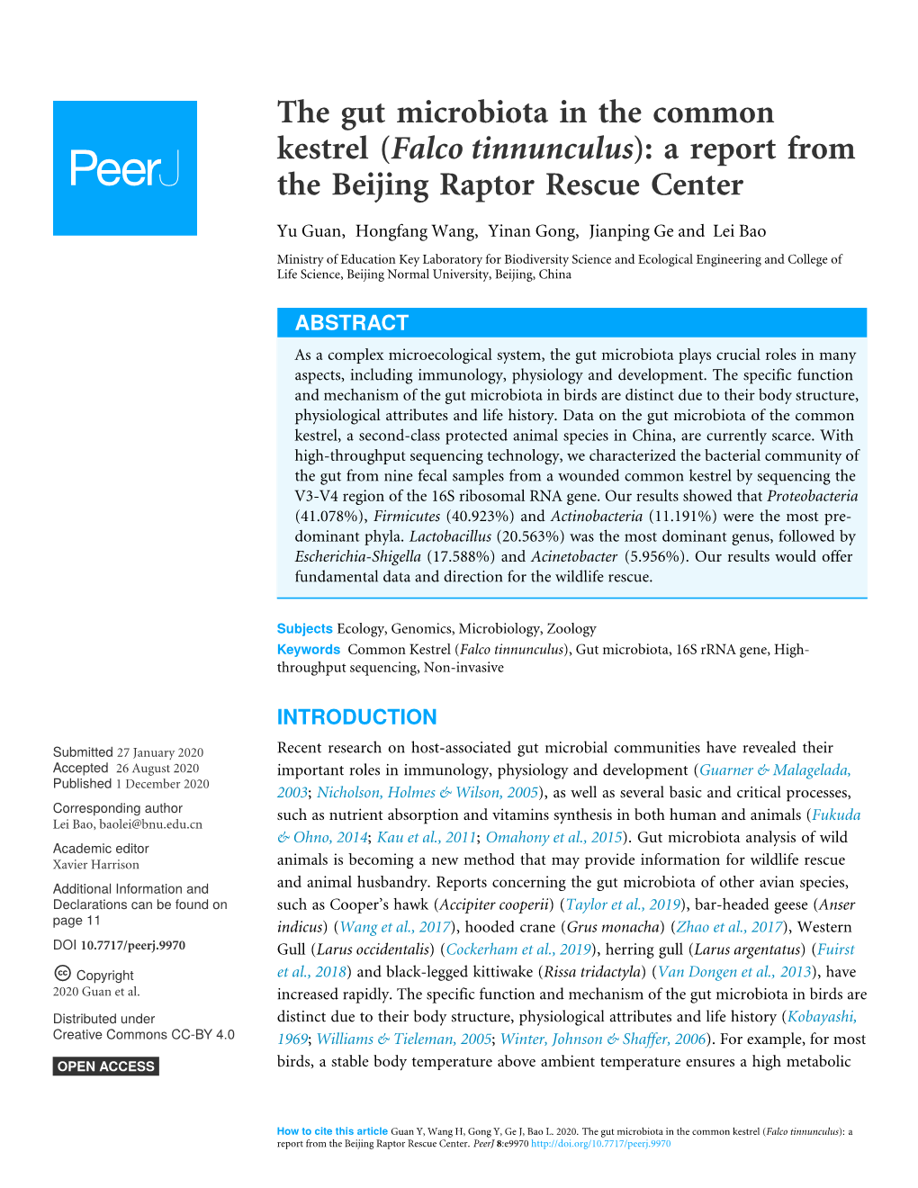 The Gut Microbiota in the Common Kestrel (Falco Tinnunculus): a Report from the Beijing Raptor Rescue Center