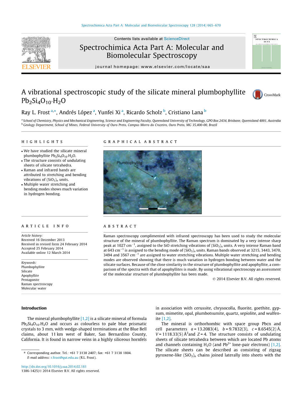 A Vibrational Spectroscopic Study of the Silicate Mineral Plumbophyllite