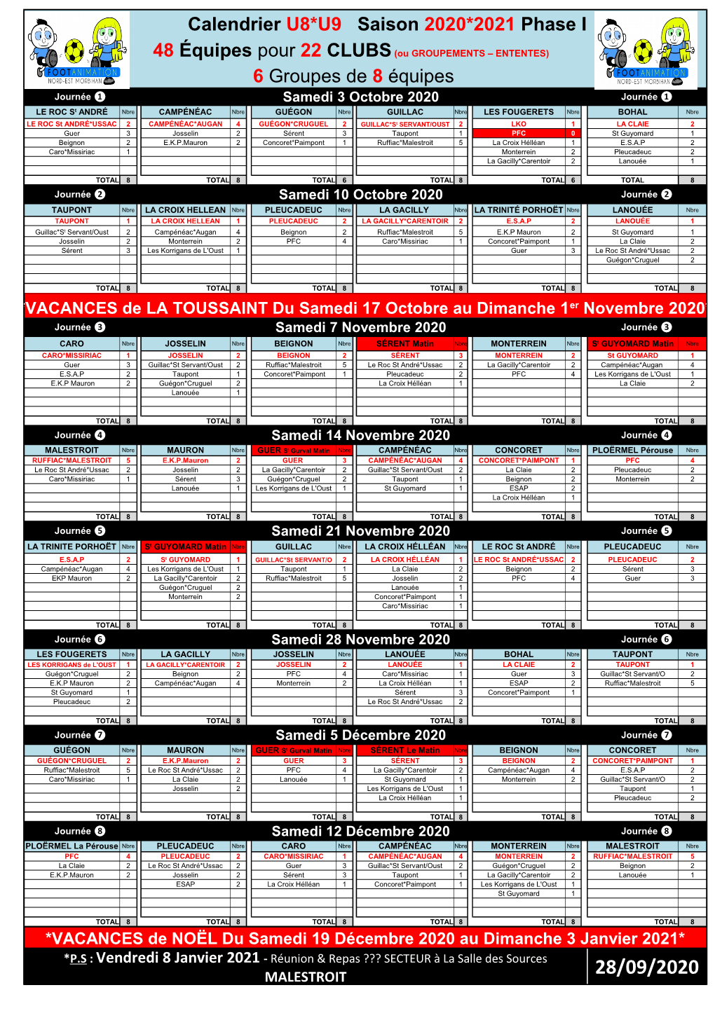 Calendrier U8*U9 Saison 2020*2021 Phase I 6 Groupes De 8 Équipes